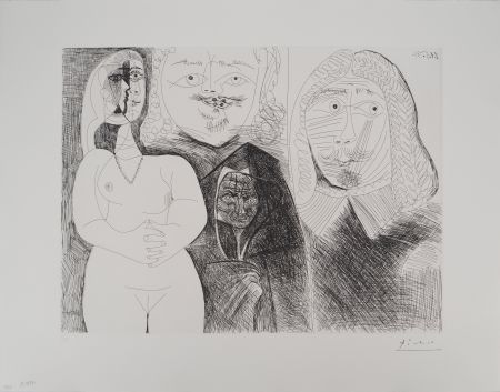 彫版 Picasso - Célestine et fille, avec deux hommes en costume du XVIe siècle