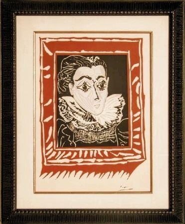 リトグラフ Picasso -  Dame à la collerette (Lady with the collar),  Jacqueline - Original Linocut on Arches paper, 1963