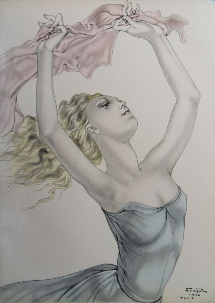 リトグラフ Foujita - Danseuse en foulard rose