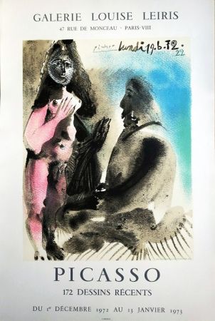 リトグラフ Picasso - (d'après). Affiche : Galerie Louise Leiris « PICASSO DESSINS RÉCENTS » 1972-73