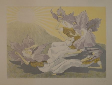 リトグラフ Kreidolf - Der Blumen Erwachen. Vier liegende Clematis-Mädchen erwachen bei der aufgehenden Sonne. 