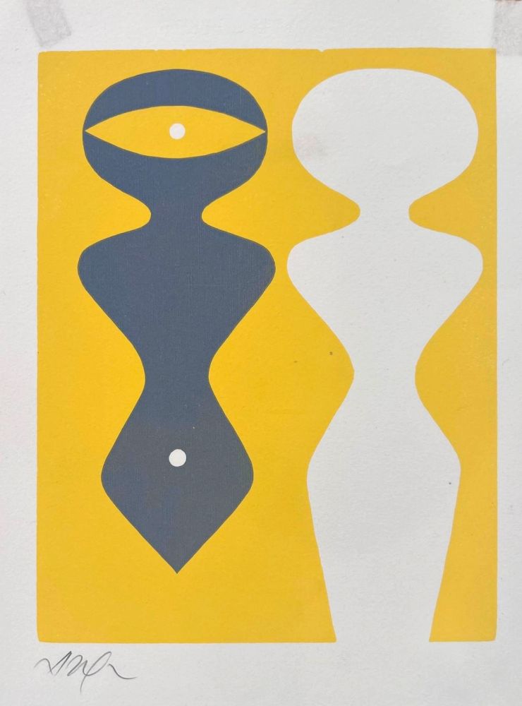 木版 Arp - Deux figures sur fond jaune 