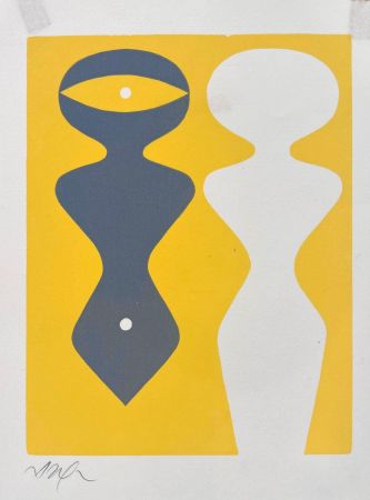 木版 Arp - Deux figures sur fond jaune 