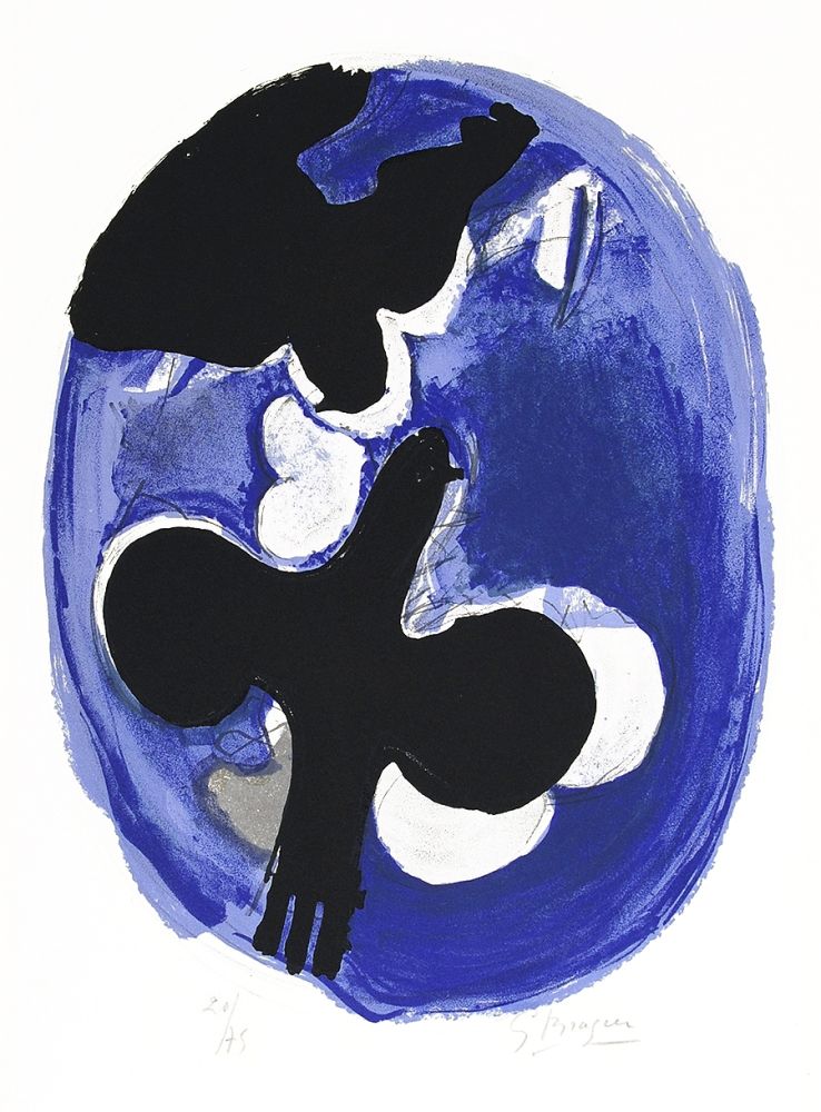 リトグラフ Braque - Deux oiseaux sur fond bleu (Two birds on a blue background)