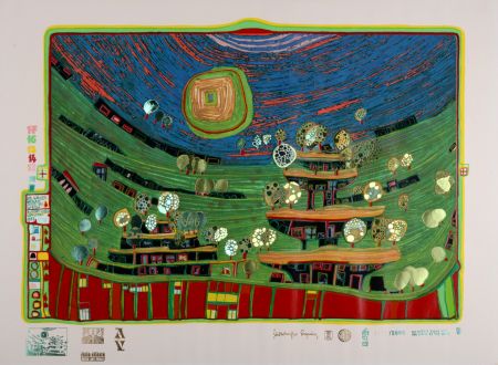 シルクスクリーン Hundertwasser - Die Häuser hängen unter den wiesen, Plate 9