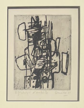 エッチング Corneille - Eau-forte encadrée Abstraction 1961 Epreuve d'artiste