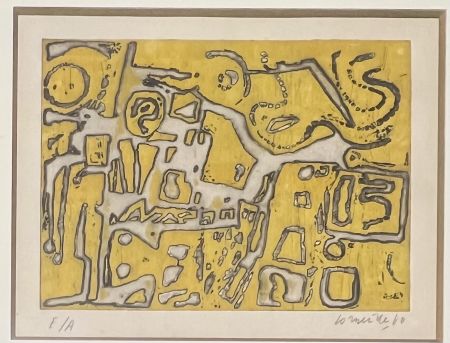 エッチング Corneille - Eau-forte encadrée en couleurs Signes dans la pierre, 1960 Atelier Stanley William Hayter