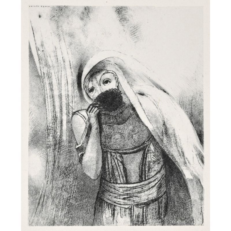 リトグラフ Redon - Elle tire de sa poitrine une éponge toute noire, la couvre de baisers (from la Tentation de Saint Antoine, troisième série)