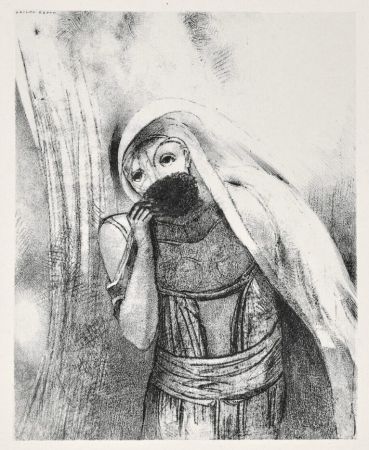リトグラフ Redon - Elle tire de sa poitrine une éponge toute noire, la couvre de baisers (from la Tentation de Saint Antoine, troisième série)