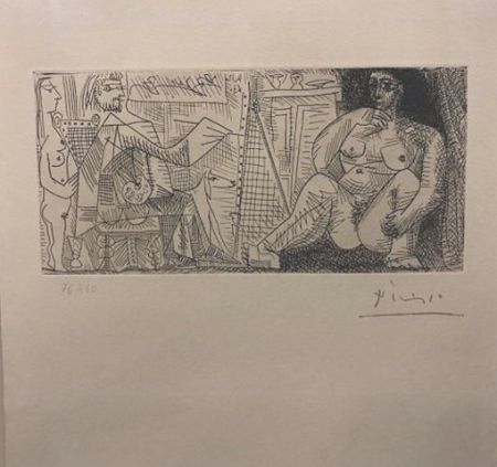 エッチング Picasso - En el atelier, pintor, modelo y espectador