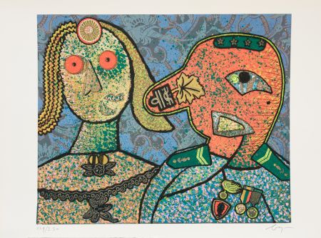 彫版 Baj - Enrico baj (1924–2003) – Il Generale Amin Dada e una delle sue mogli-Mixed media