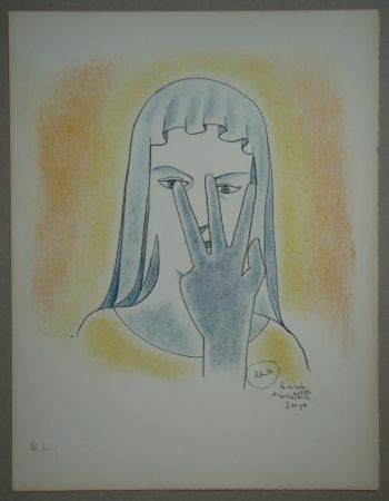 リトグラフ Cocteau - Etude - La vierge se cache le visage avec 3 doigts