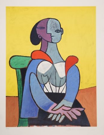 リトグラフ Picasso - Femme A La Chaise Sur Fond Jaune, 9-C