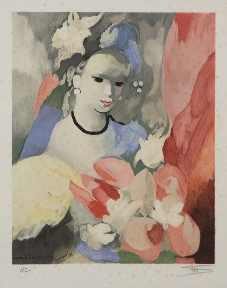 リトグラフ Laurencin - Femme au bouquet de fleurs