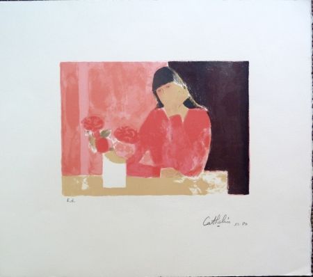 リトグラフ Cathelin - Femme au Bouquet de Roses