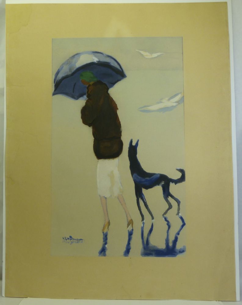 ステンシル Van Dongen - Femme au chien marchant sur la plage.