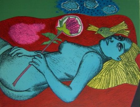 リトグラフ Corneille - Femme au fleur australien