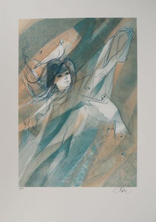 リトグラフ Valadie - Femme aux colombes (le vent)