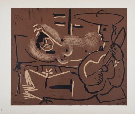 リノリウム彫版 Picasso - Femme couchée et guitariste, 1962