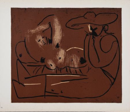 リノリウム彫版 Picasso (After) - Femme couchée et homme au grand chapeau, 1962