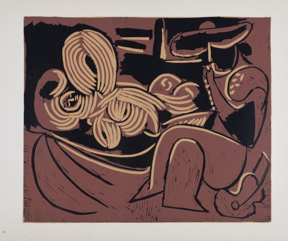 リノリウム彫版 Picasso (After) - Femme couchée et homme à la guitare, 1962