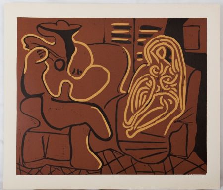 リノリウム彫版 Picasso - Femme dans un fauteuil et guitariste