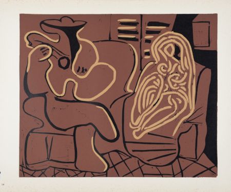 リノリウム彫版 Picasso - Femme dans un fauteuil et guitariste, 1959