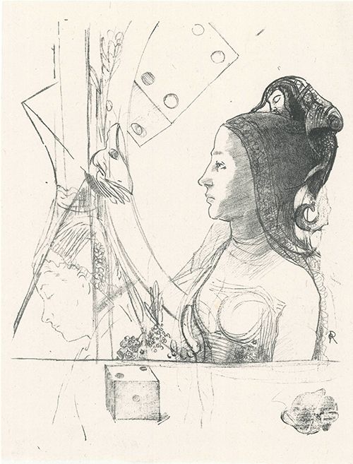 リトグラフ Redon - Femme de profil, coiffée d'un hénin