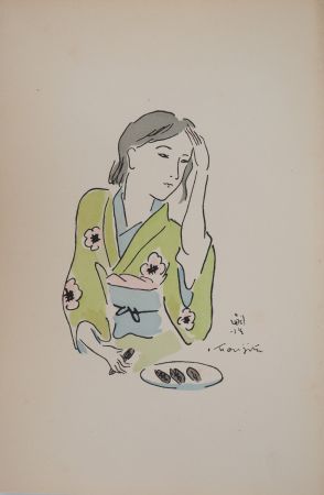 彫版 Foujita - Femme en kimono se coiffant