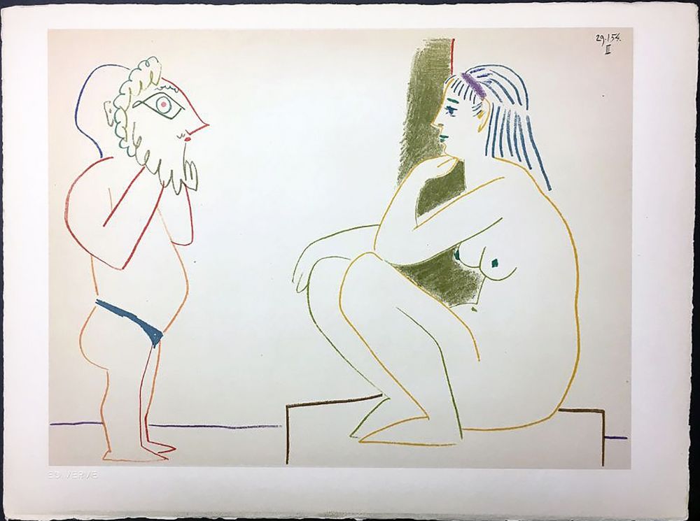 リトグラフ Picasso - Femme et Satyre (de La Comédie Humaine - Verve 29-30. 1954).
