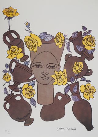 リトグラフ Marais  - Femme, fleurs et poteries