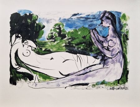 ステンシル Picasso - Femme nue couchée et joueur de flûte