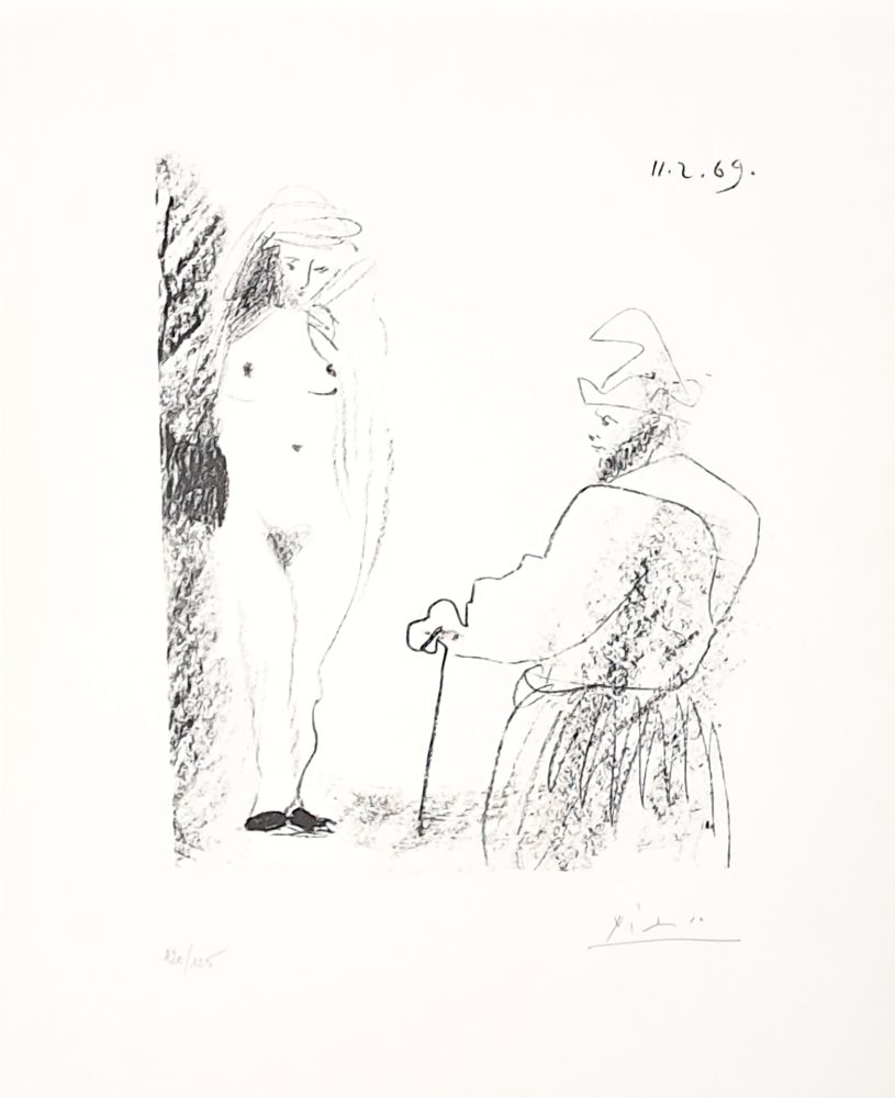 リトグラフ Picasso - Femme nue et homme à la canne
