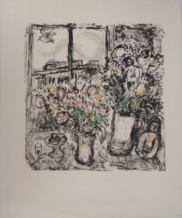 リトグラフ Chagall - Fleurs devant la fenêtre