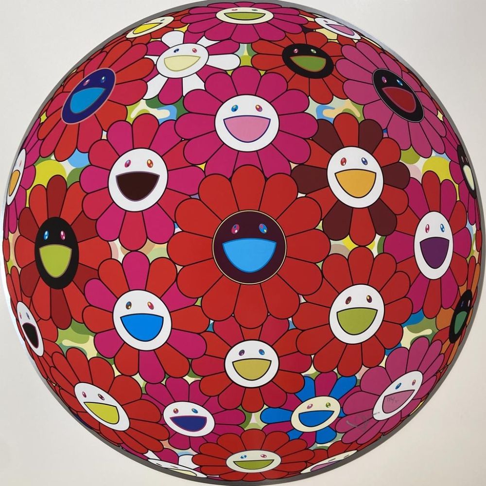 リトグラフ Murakami - Flowersball (3D) - Red, Pink, Blue