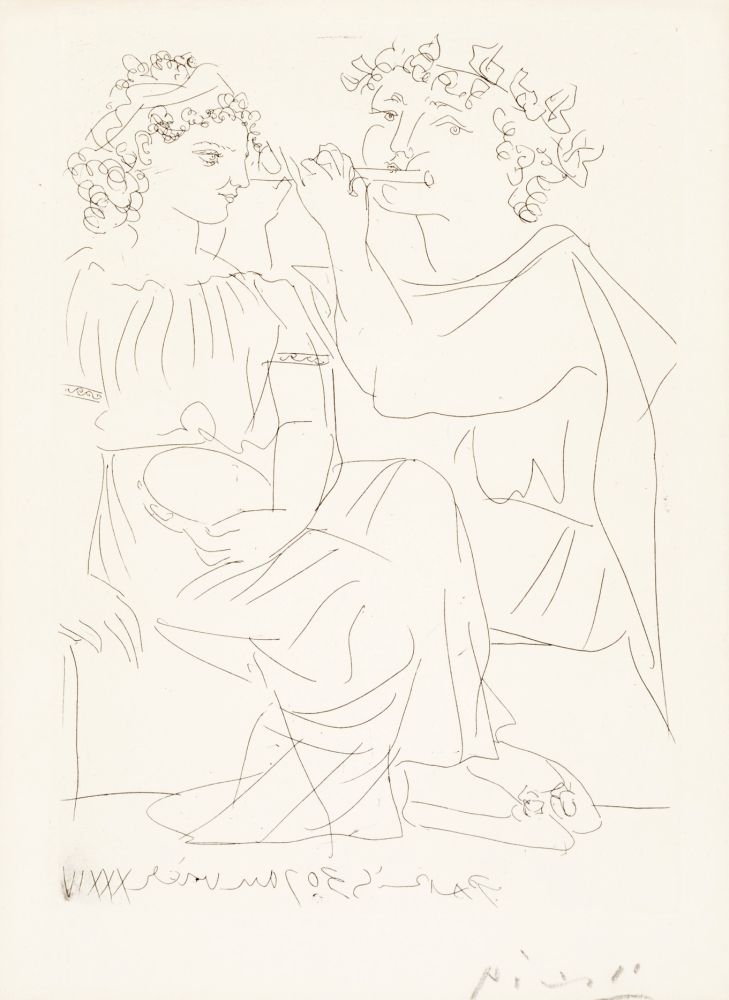 彫版 Picasso - Flûtiste et Jeune Fille au Tambourin (Flutist and Tambourine girl) from the Vollard Suite, 1934
