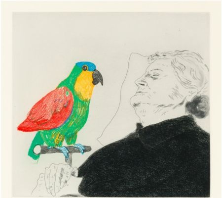 エッチング Hockney -  Félicité sleeping with Parrot. 1974