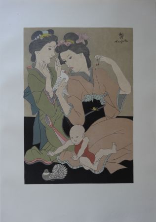 彫版 Foujita - Geishas à la colombe