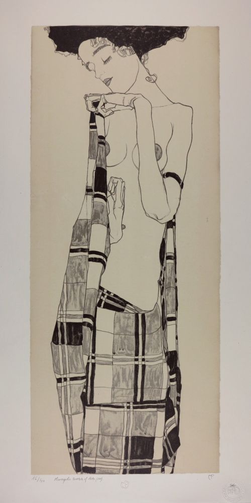 リトグラフ Schiele - GERTI SCHIELE in a Plaid Garment, 1909 | Lithographie n° 1/40