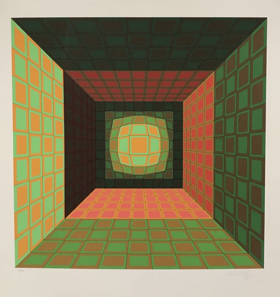 シルクスクリーン Vasarely - Green and Orange Composition