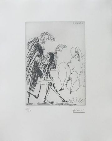 エッチング Picasso - Grosse courtisane saluée par trois gentilshommes linéaires (Les 347, pl. 183)