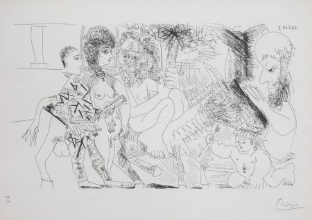 彫版 Picasso - Groupe avec Vieillard à la Torche sur un Ane Amoureux, Femme et Arlequin, (Bloch. 1484; Ba. 1499)