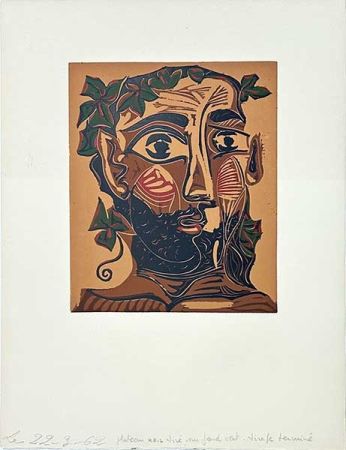 リノリウム彫版 Picasso - Homme barbu couronné de vignes