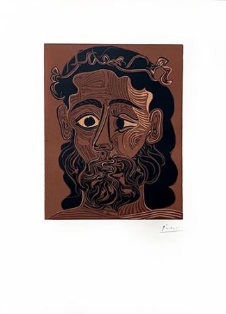 リノリウム彫版 Picasso - Homme barbu couronné de vignes