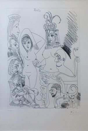 エッチング Picasso - Homme barbu songeant à une scène des Mille et une nuits, avec derrière lui des ancêtres réprobateurs