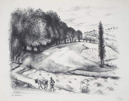 リトグラフ Lotiron - Homme et vache dans un paysage