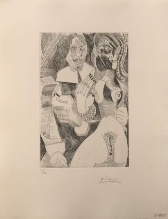 エッチング Picasso - Homme rembranesque à la pipe et courtisane (Les 347, pl. 225) 