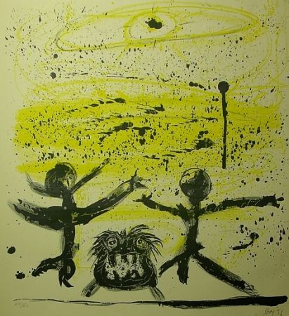 リトグラフ Baj - Il cielo era giallo e due personaggi danzavano col loro cane