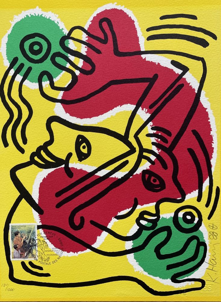 リトグラフ Haring - : International Volunteer Day 1988 - RARE VARIENT