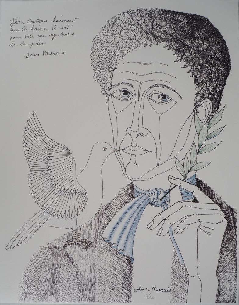 リトグラフ Marais  - Jean Cocteau à la colombe et au rameau, Homme de Paix